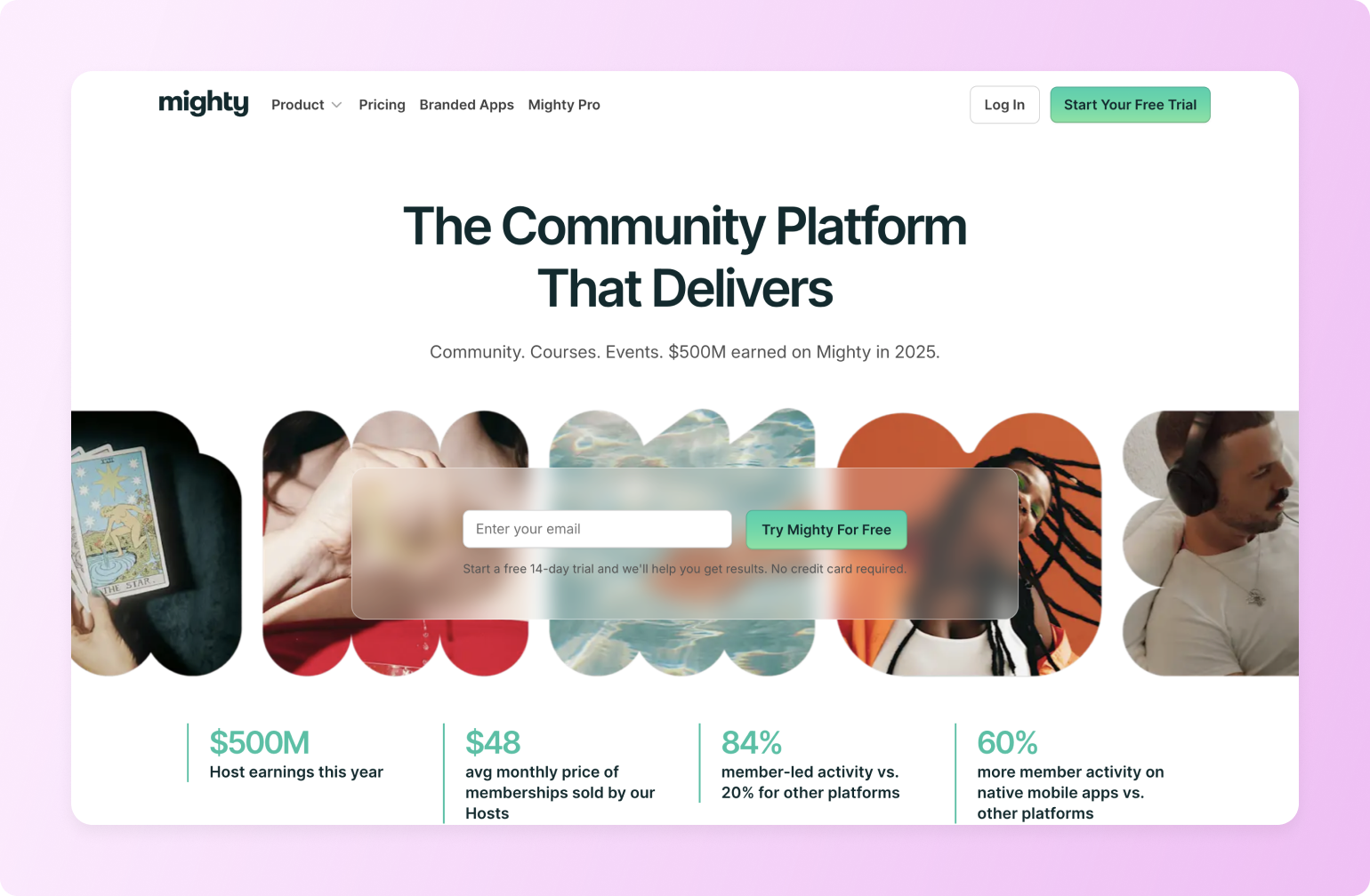 Mighty community platform homepage showing diverse community images including tarot cards, meditation, swimming, and music with statistics about platform earnings and engagement