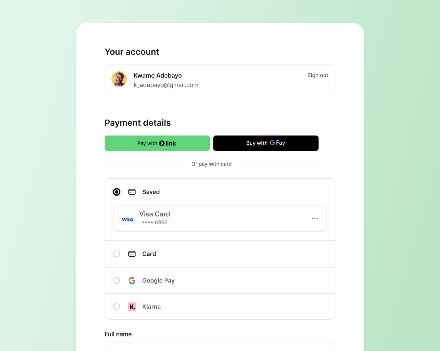 Payment checkout page showing account details for Kwame Adebayo with multiple payment options including Link, Google Pay, saved Visa card ending in 6998, and Klarna