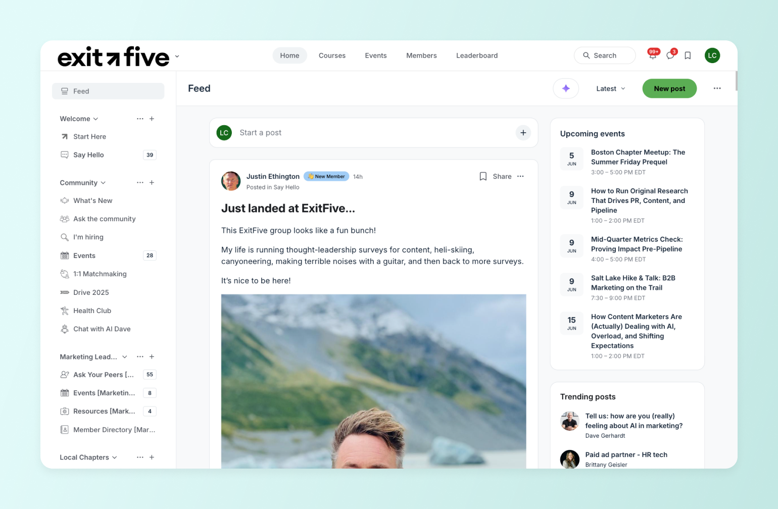 Exit Five community platform feed showing new member introduction post with outdoor photo and upcoming events sidebar