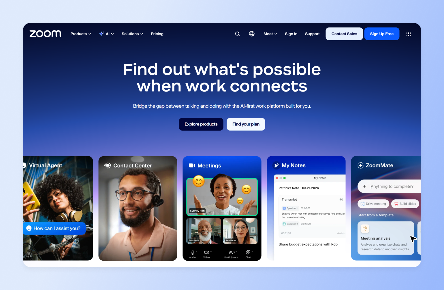 Zoom homepage showing Virtual Agent, Meetings, and My Notes tiles, key products in a creator tech stack