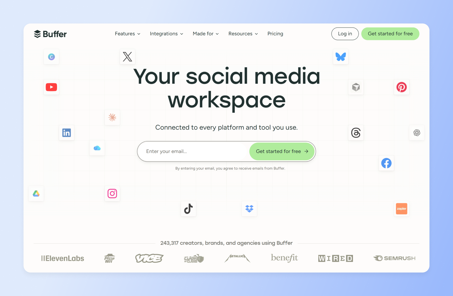 Buffer homepage surrounded by platform icons, showing how it connects across a creator tech stack for scheduling posts