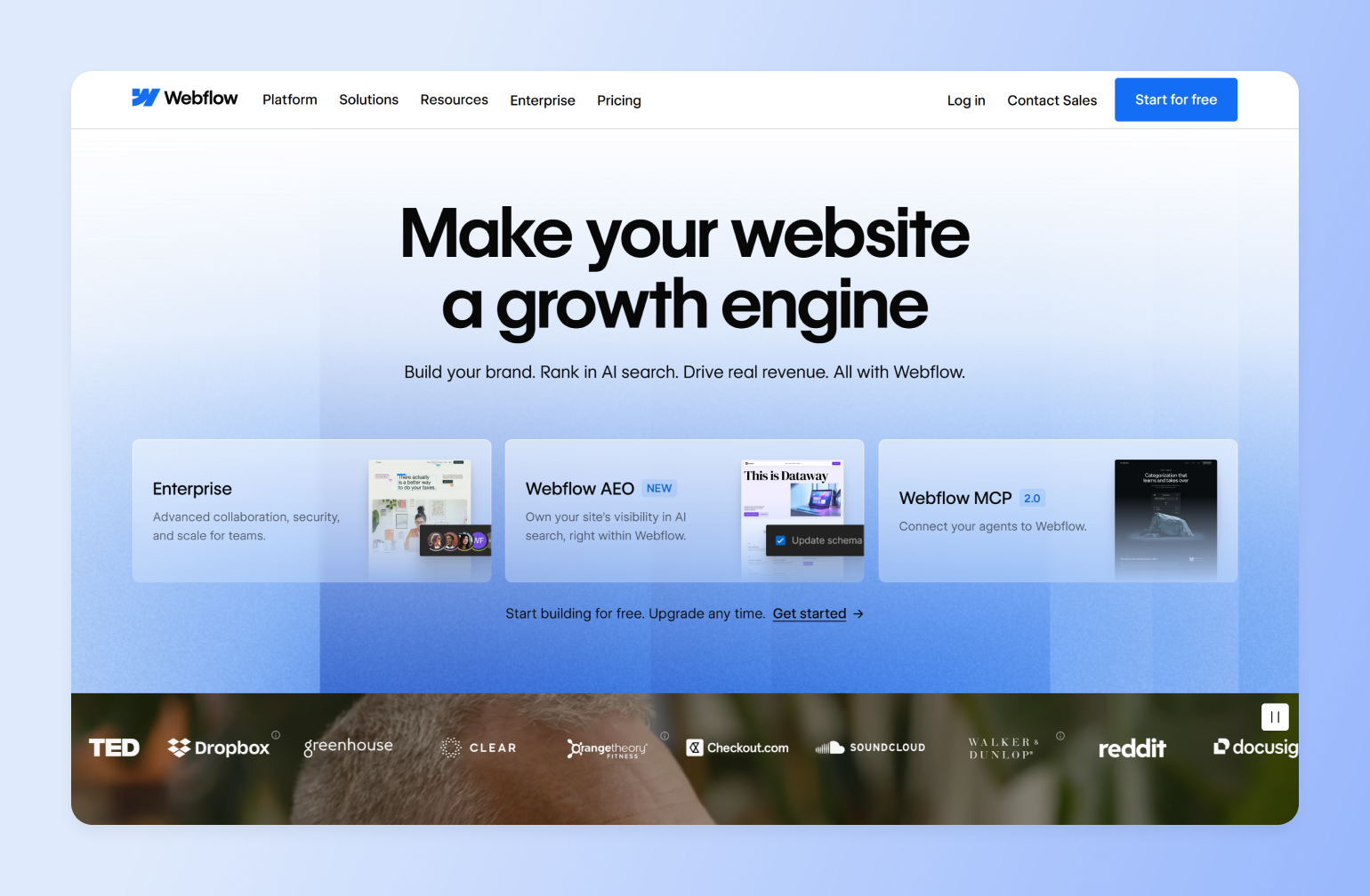 Webflow homepage showing Enterprise, AEO and MCP feature cards, part of a creator tech stack used to launch and grow websites