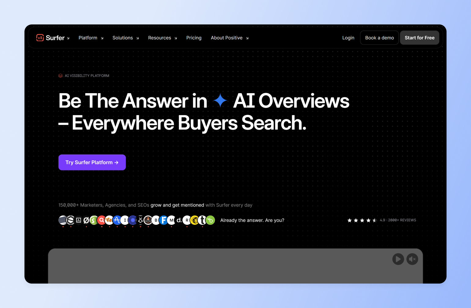Surfer homepage headline 'Be The Answer in AI Overviews' shown as an example creator tech stack tool for search visibility