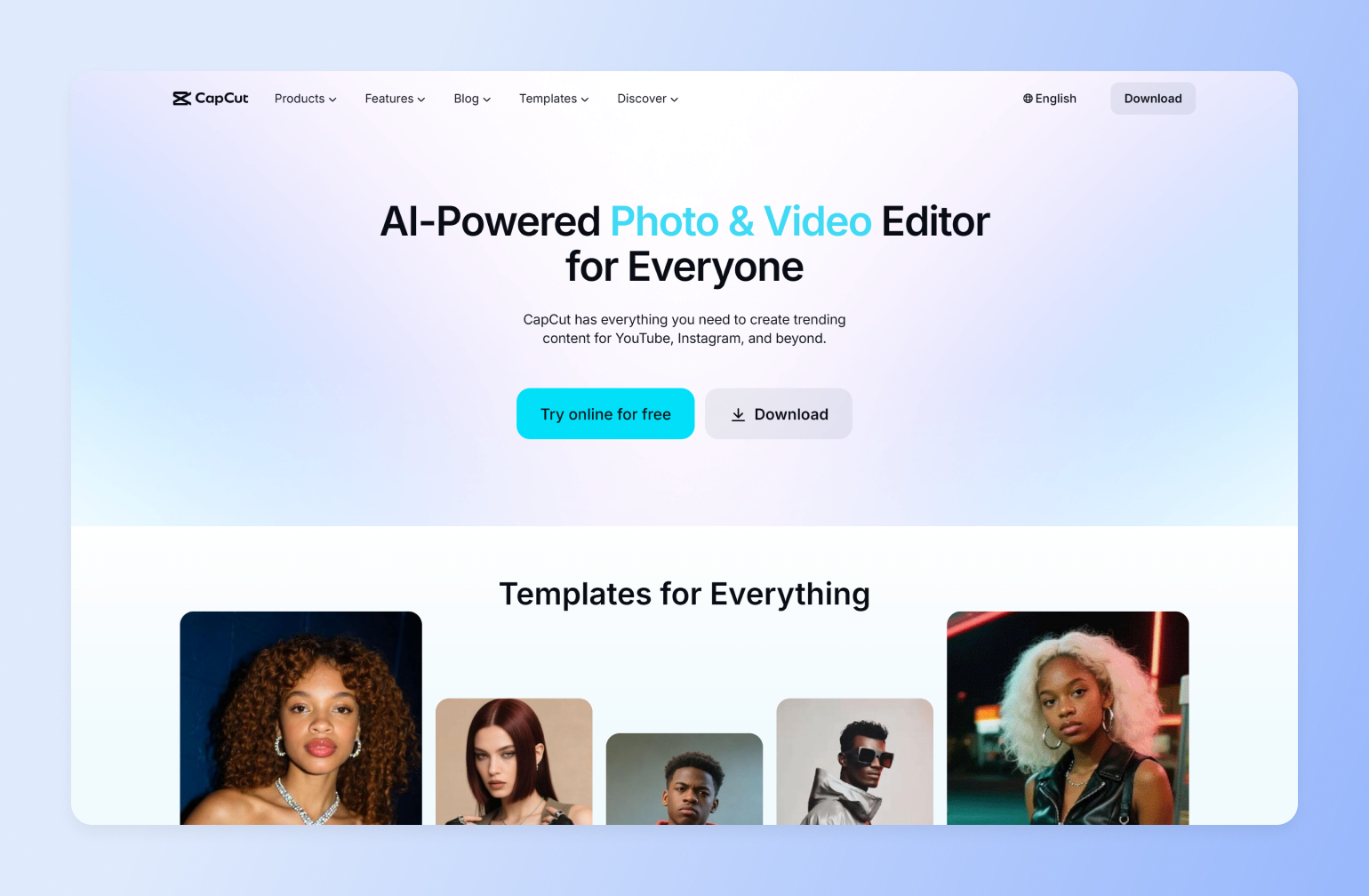 CapCut homepage with portrait templates, illustrating a video editor option in a creator tech stack