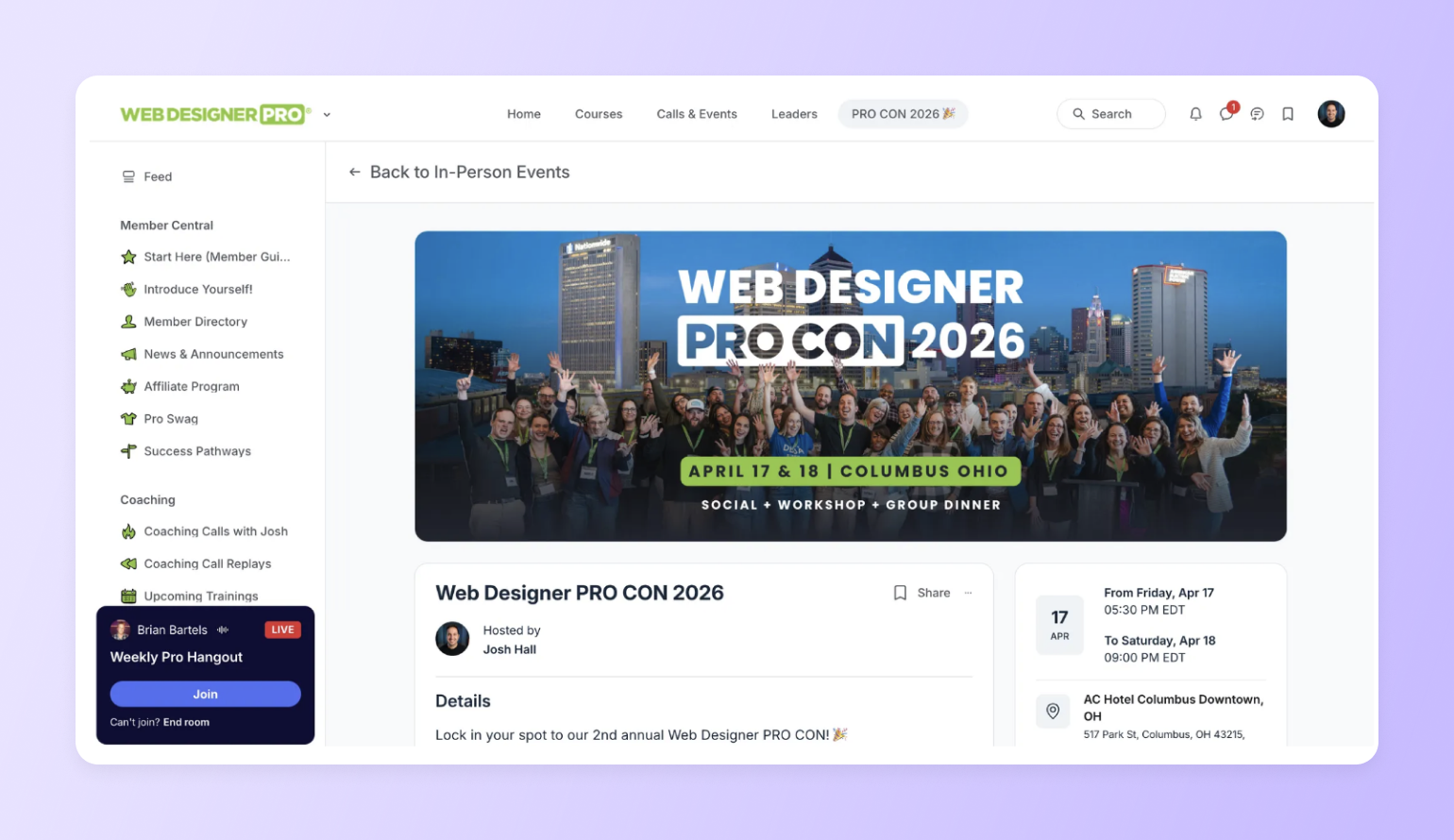 Web Designer PRO community event page for PRO CON 2026, showing membership retention strategies through in-person gatherings