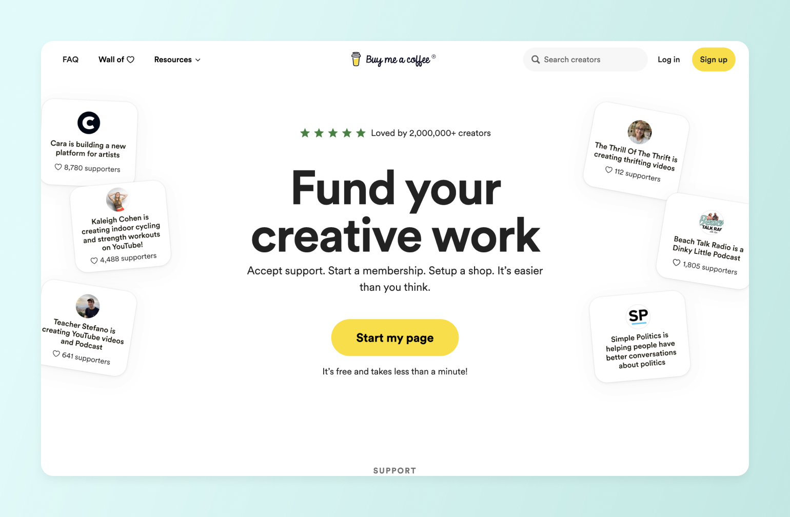 Buy Me a Coffee homepage showing creator profiles and call-to-action button for funding creative work through memberships