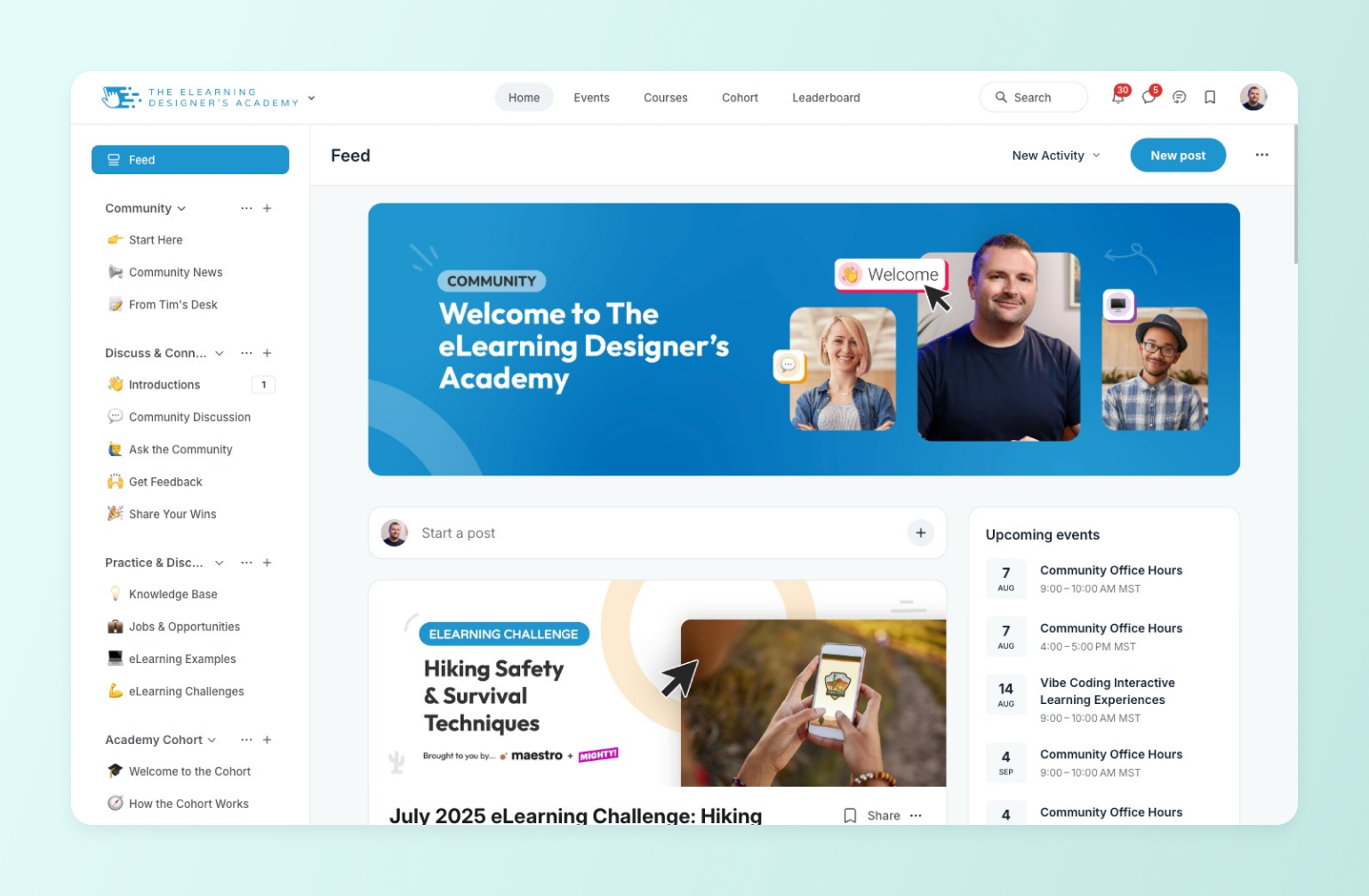 eLearning Designer's Academy community dashboard with welcome banner featuring three members and upcoming events sidebar