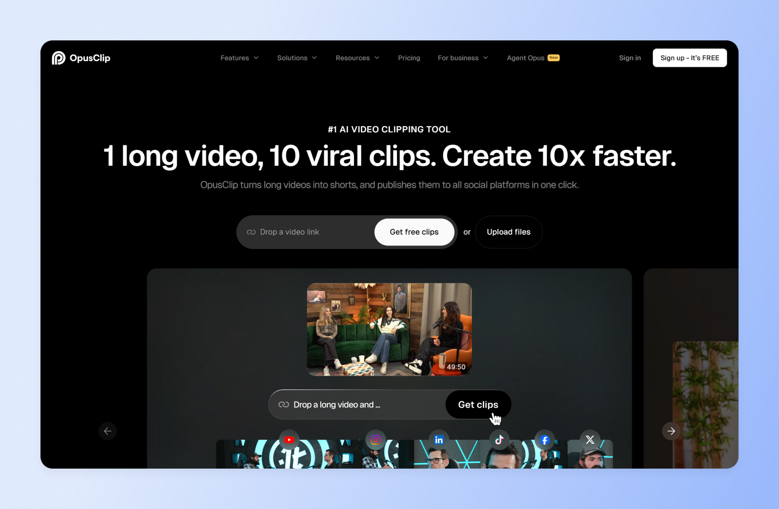 OpusClip homepage showing a podcast video turned into clips, illustrating a creator tech stack for one-click publishing