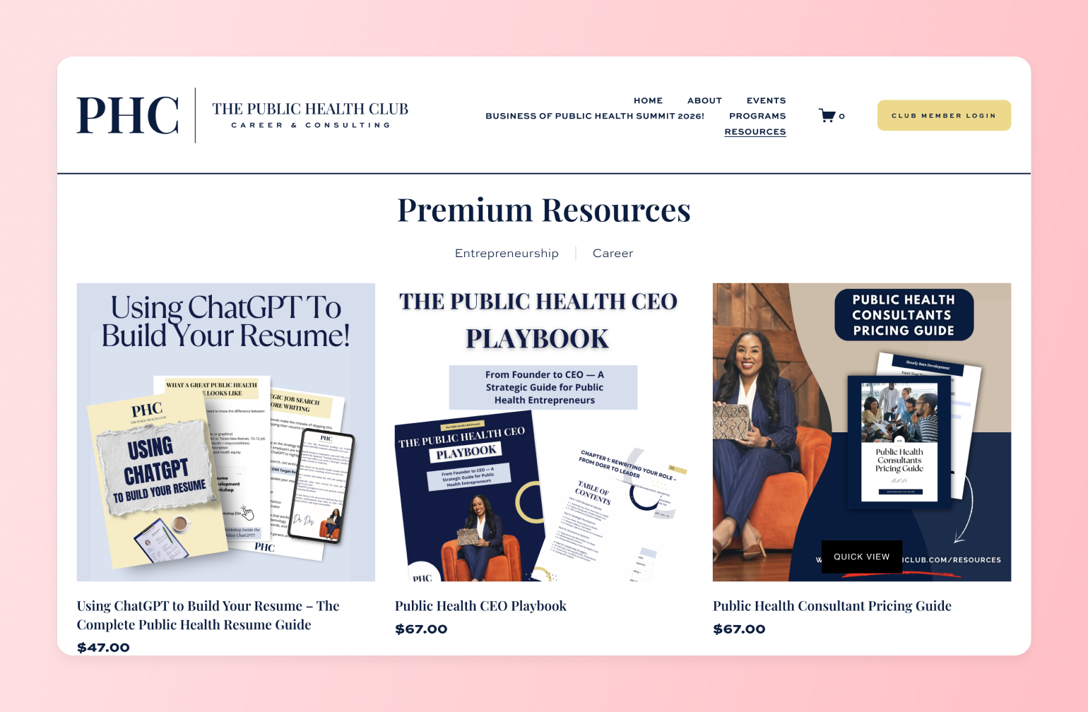 The Public Health Club website displaying three premium resource guides: ChatGPT resume builder, CEO playbook, and consultant pricing guide on pink background.