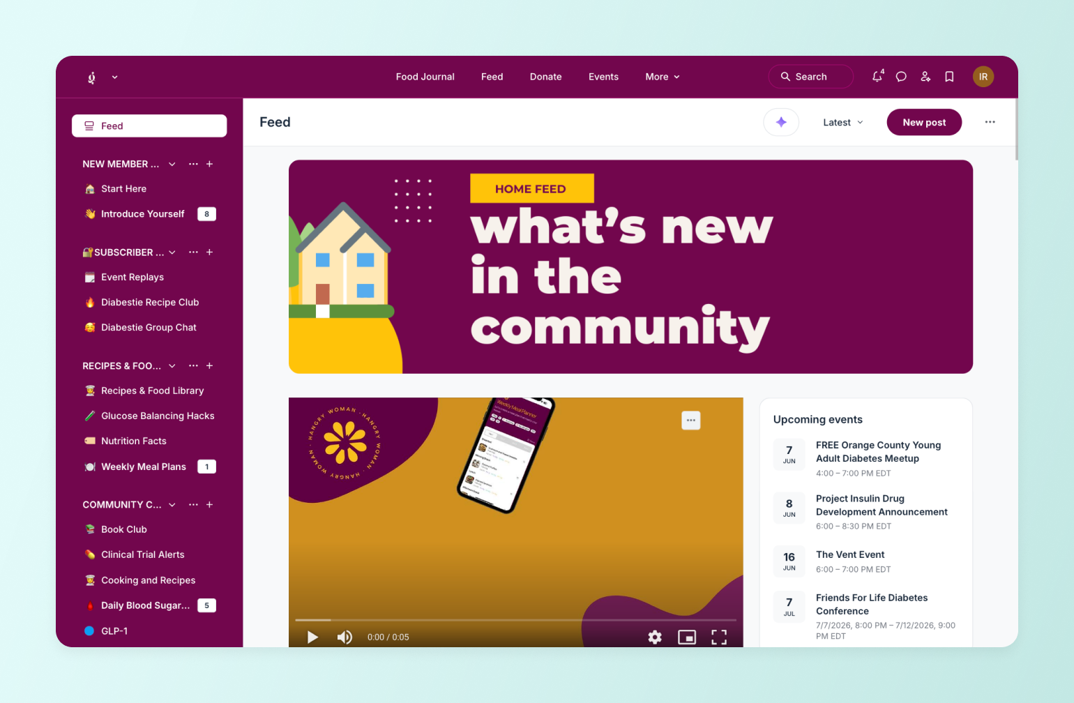 Community feed dashboard showing home feed banner with house illustration and upcoming diabetes-related events in sidebar