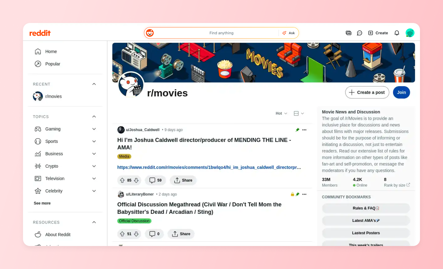 Reddit's r/movies community page, an example used to compare Facebook Group alternatives for creators