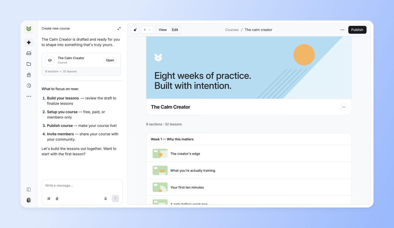 Course creation interface showing "The Calm Creator" eight-week program with gentle blue banner, orange circle accent, and lesson modules listed below