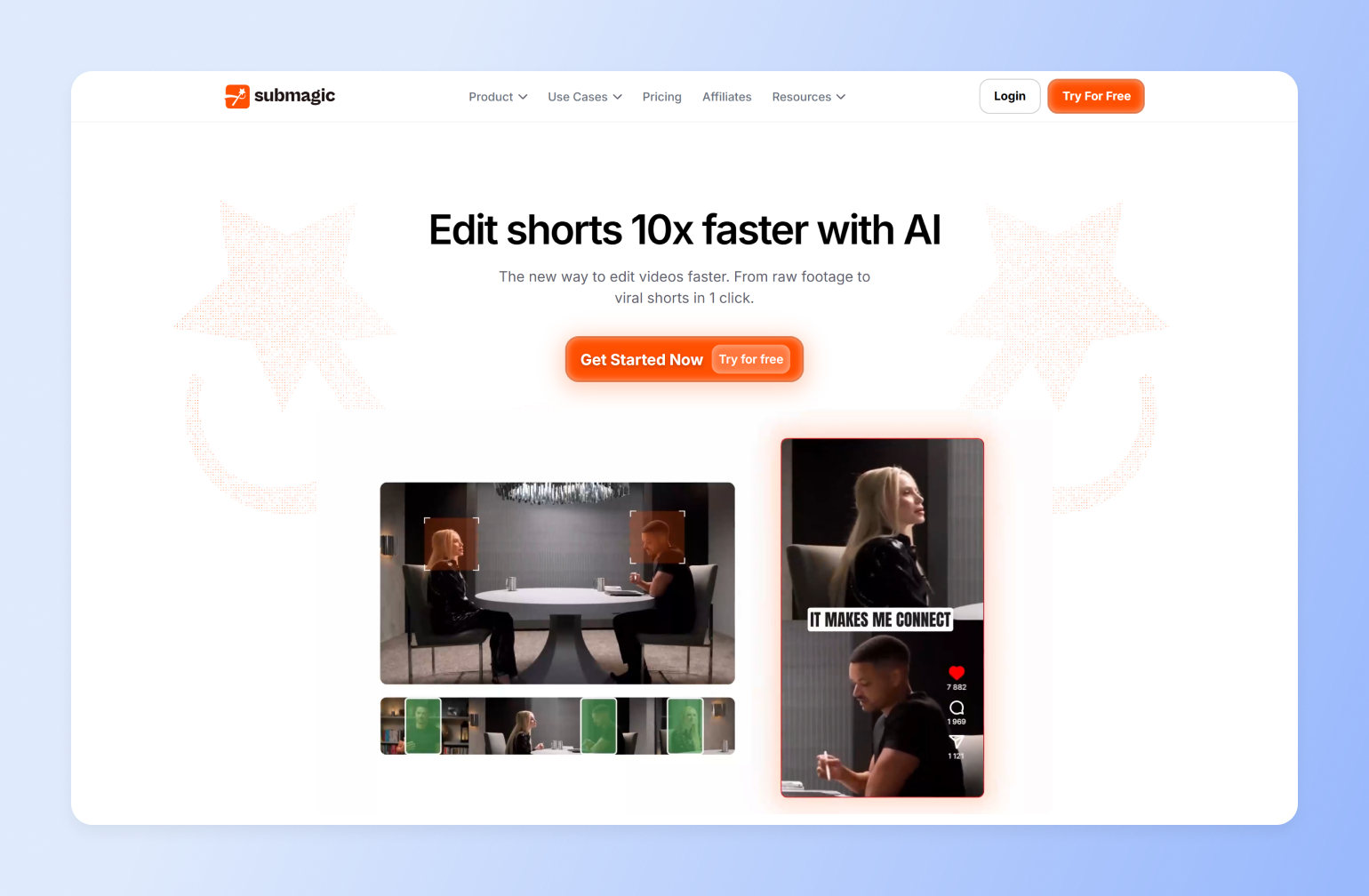 Submagic landing page turning raw interview footage into a captioned vertical short, a core piece of the creator tech stack