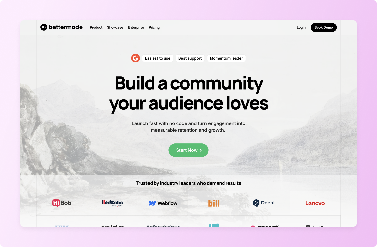 Bettermode community platform homepage with G2 badges, headline "Build a community your audience loves" and company logos including HiBob, Webflow, Bill, DeepL, and Lenovo
