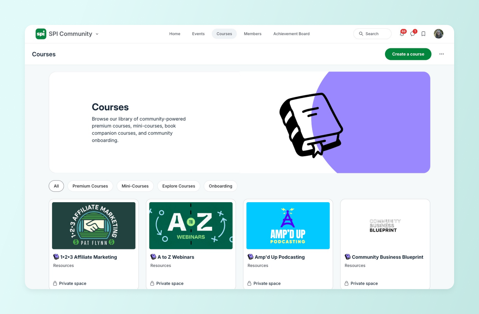 SPI Community courses page showing course library with book icon illustration and category tabs including affiliate marketing, webinars, and podcasting resources