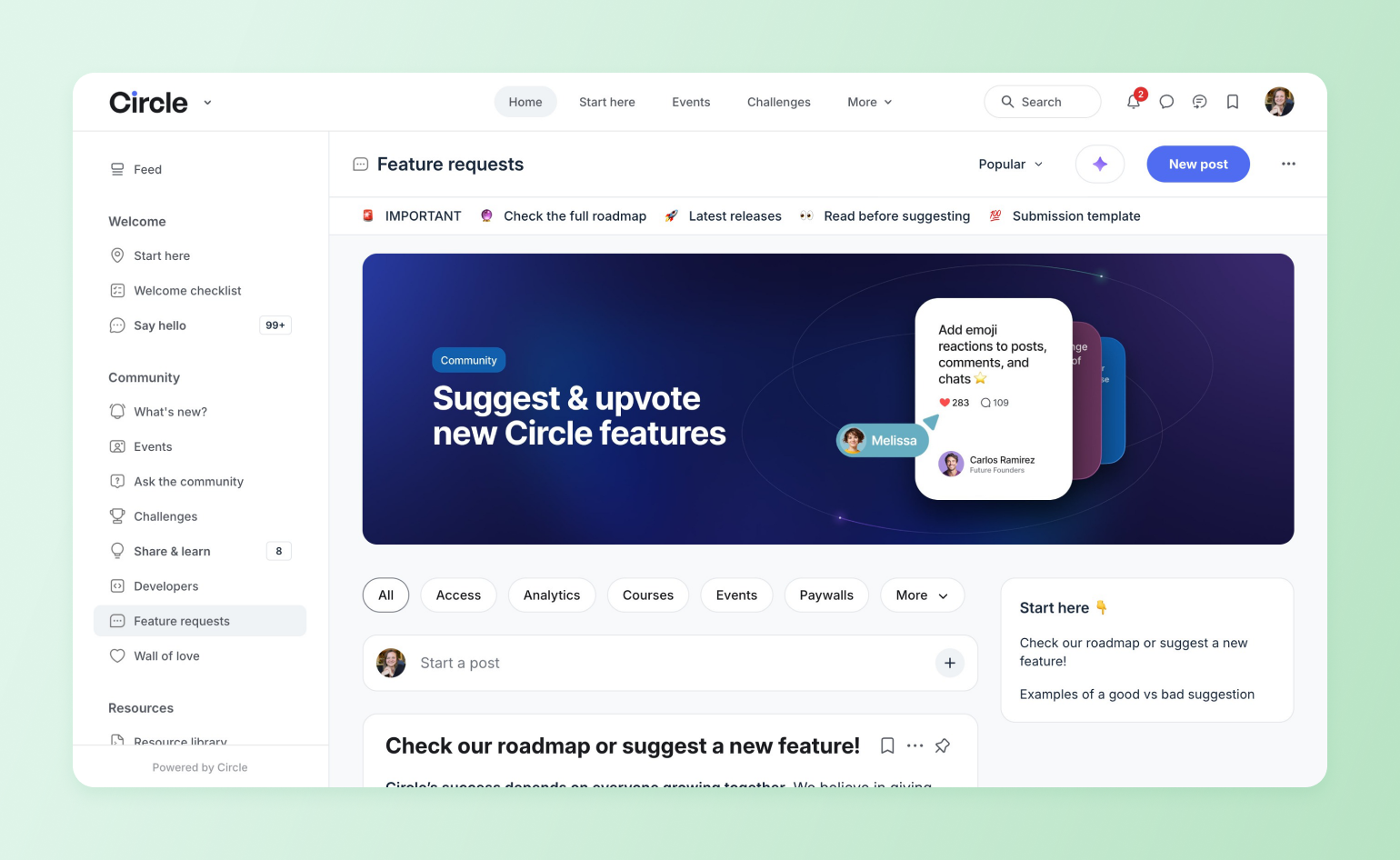 Circle community platform interface showing feature requests board with navigation sidebar and hero banner promoting voting on features