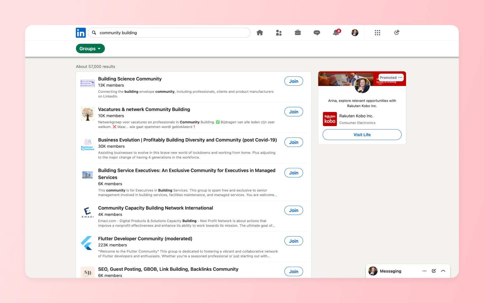 LinkedIn Groups search results for community building, showing options creators compare when exploring Facebook Group alternatives
