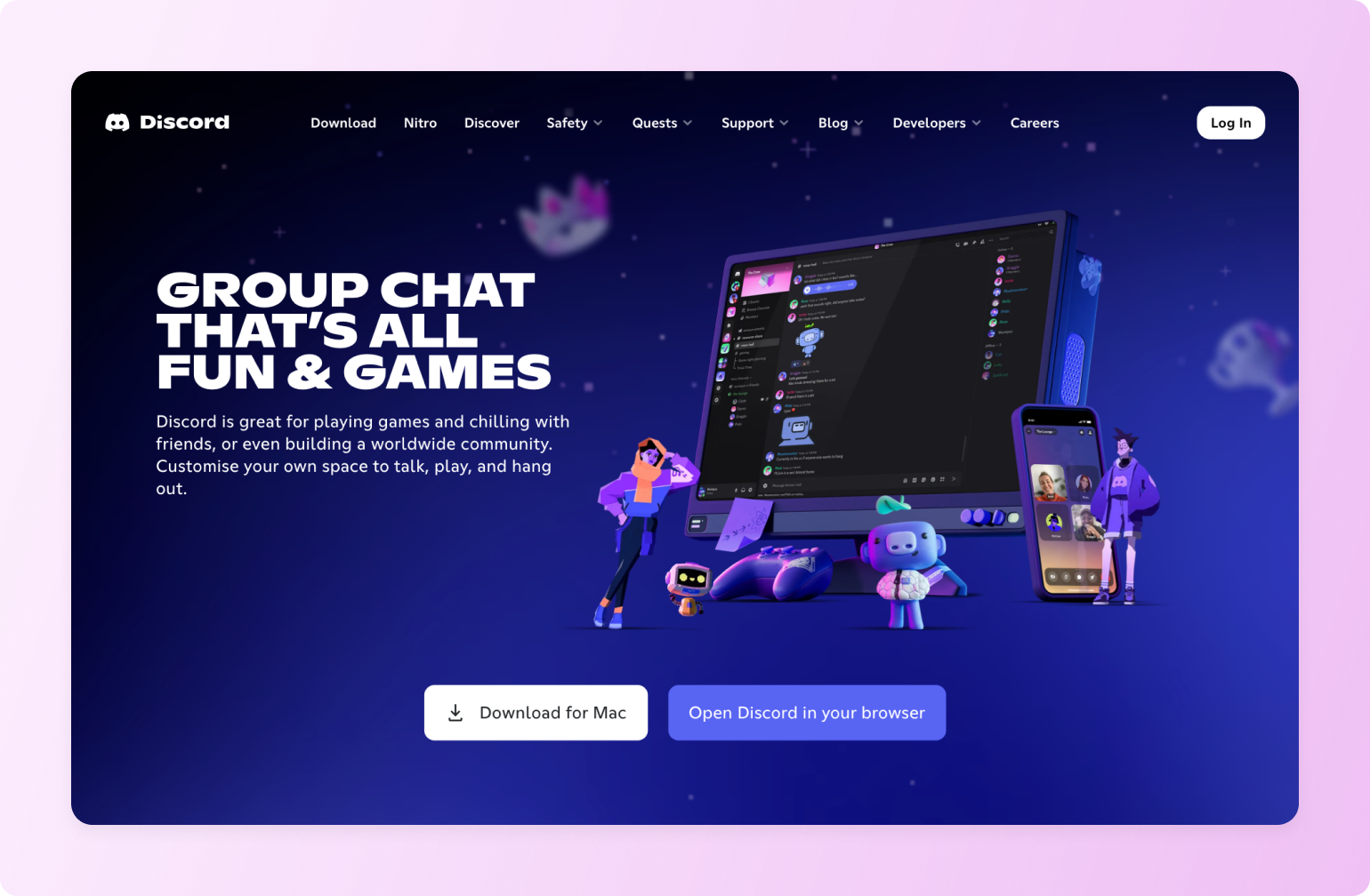 Discord homepage featuring desktop and mobile app interfaces with cartoon characters, starry background, and "Group chat that's all fun & games" headline
