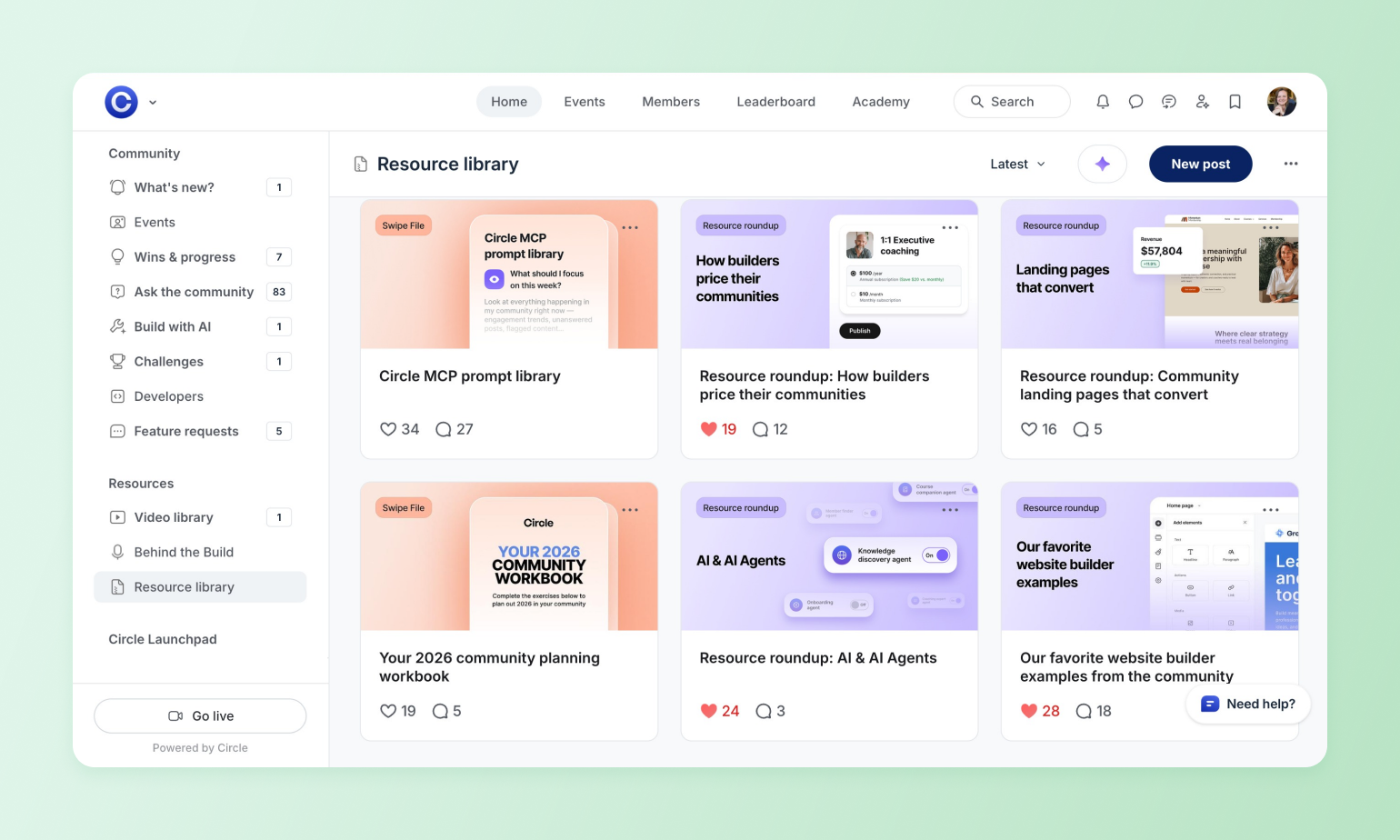 Community resource library dashboard showing grid of content cards with preview thumbnails, titles, and engagement metrics