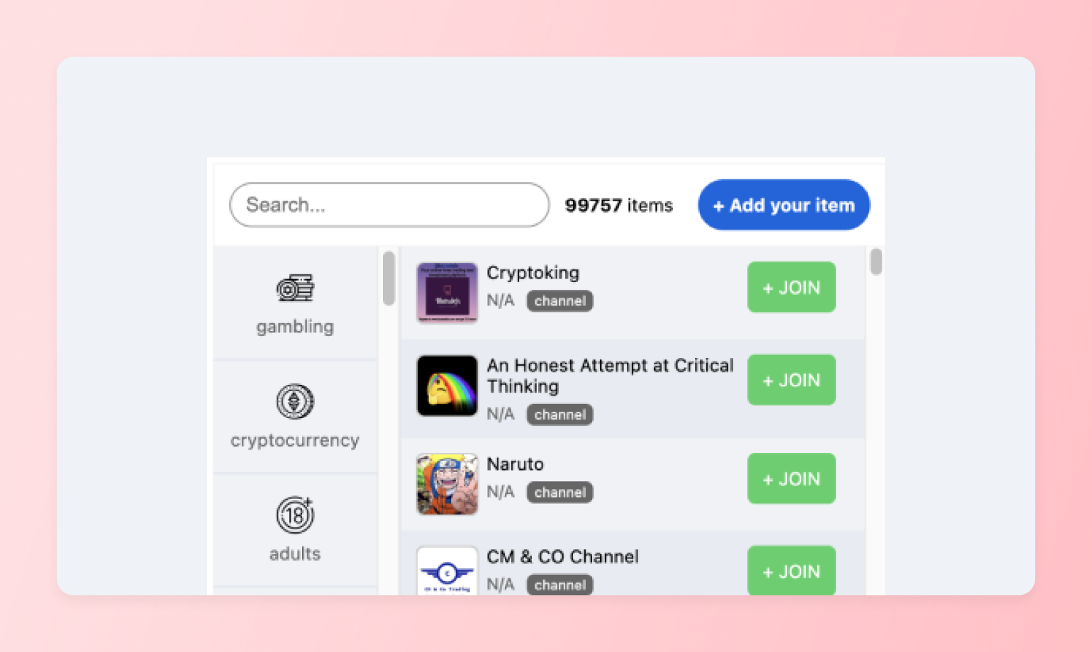 Directory listing thousands of channels, showing facebook group alternatives creators can compare by category