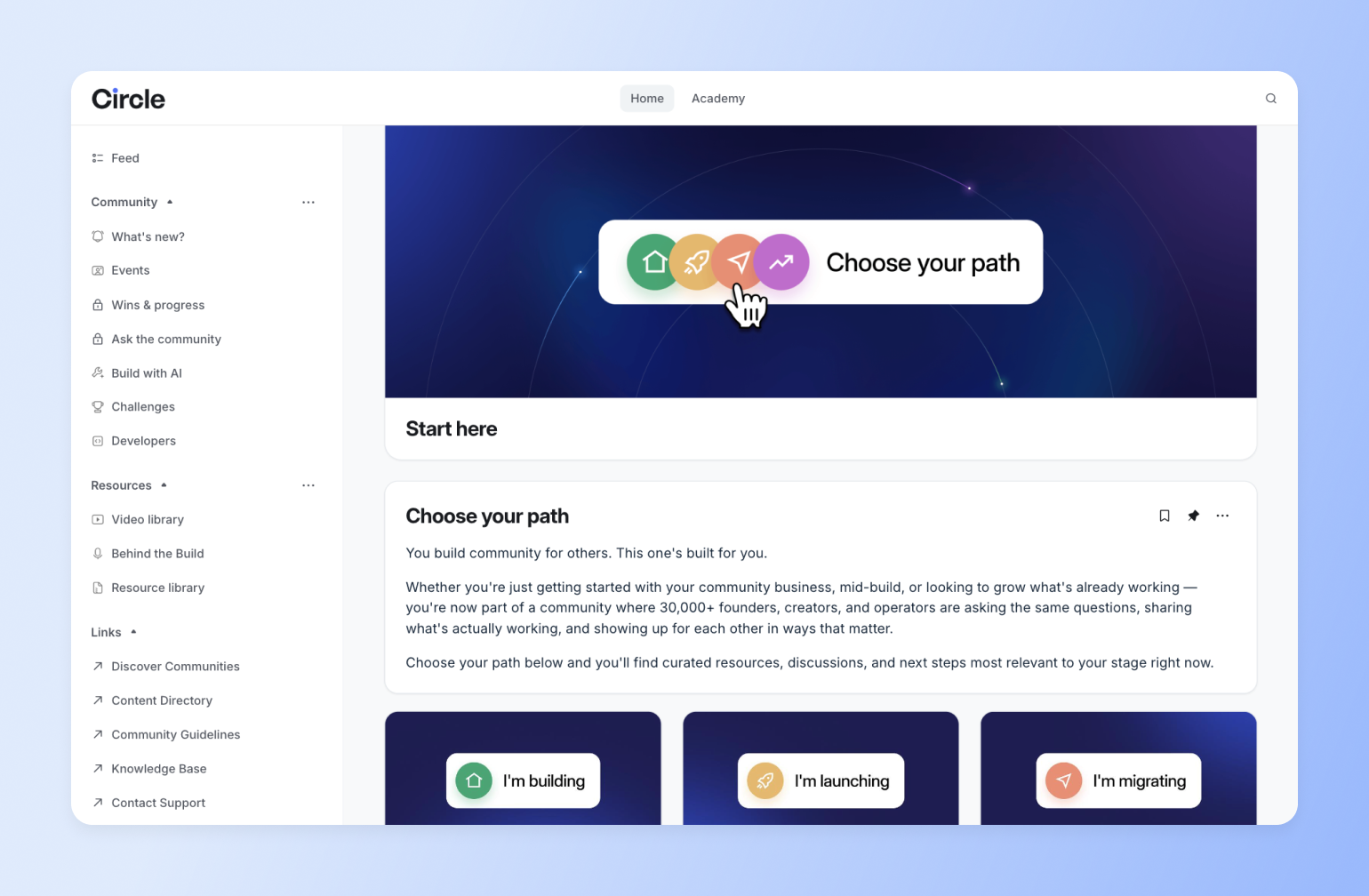 Circle platform onboarding screen letting members choose building, launching, or migrating a community onboarding path