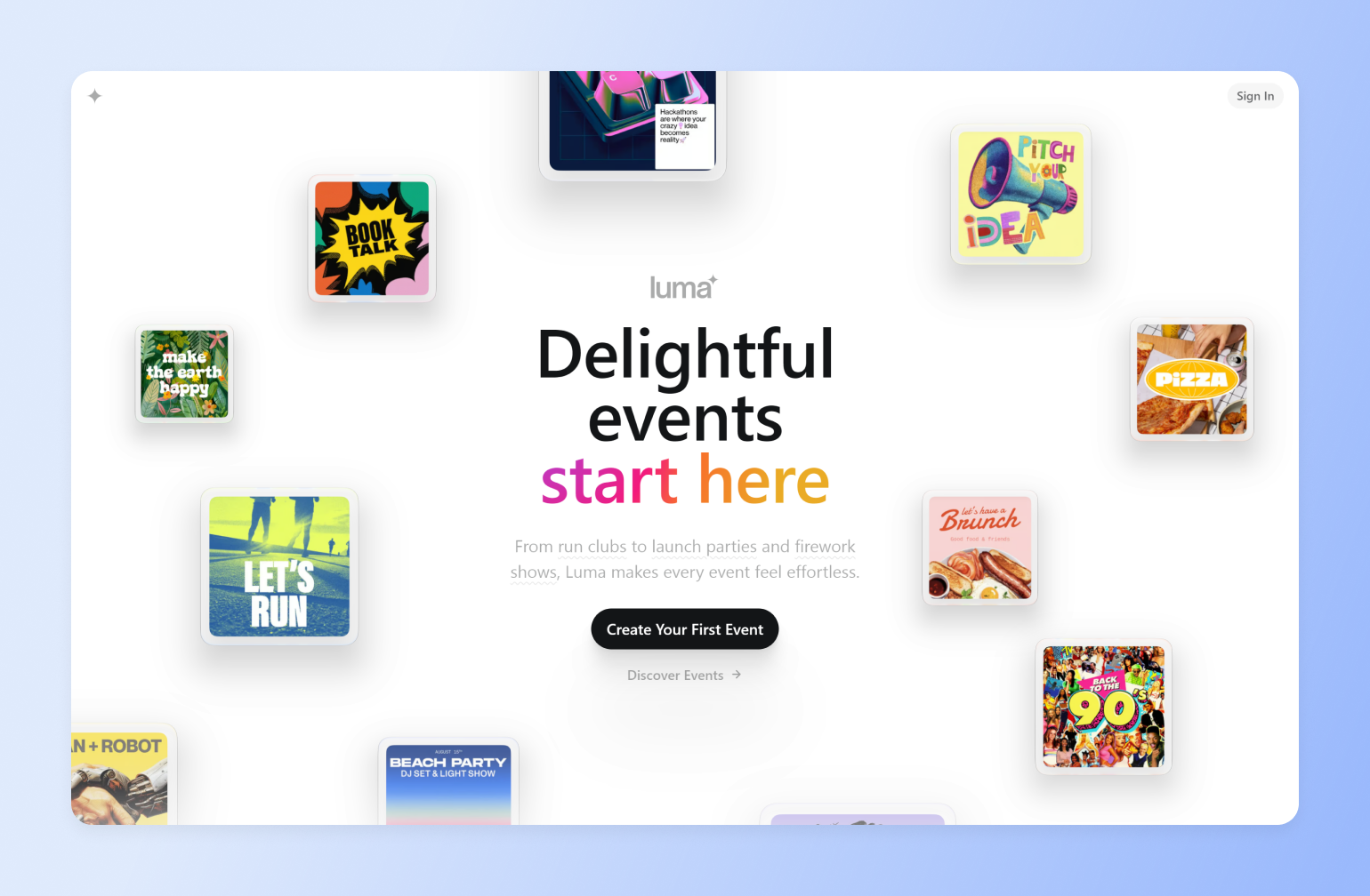 Luma homepage with colorful event cards for run clubs, pizza parties and launches, showing an event platform for creators
