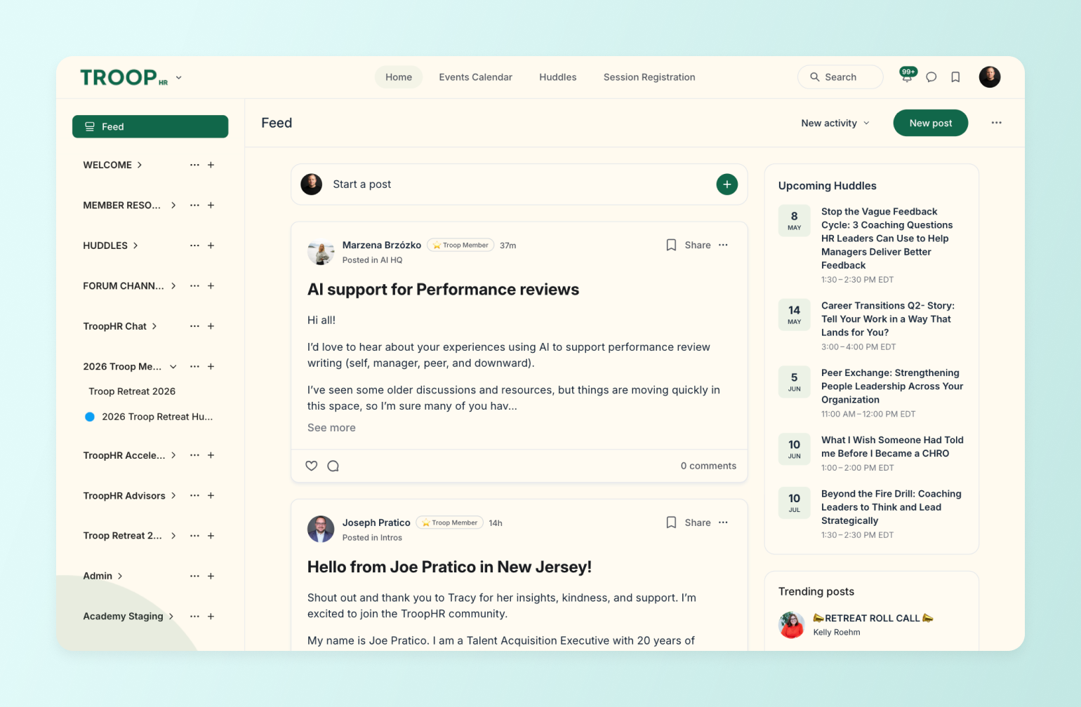 TroopHR community feed showing discussion posts about AI performance reviews and upcoming HR coaching events