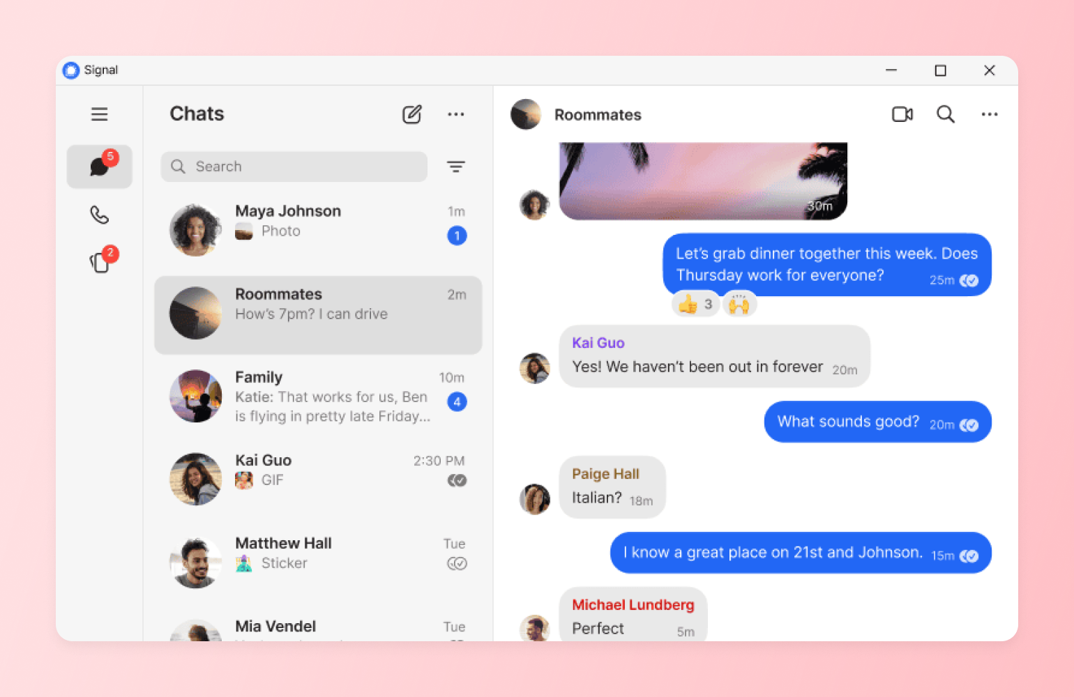 Signal group chat with roommates planning dinner, shown as a Facebook Group alternative for private messaging