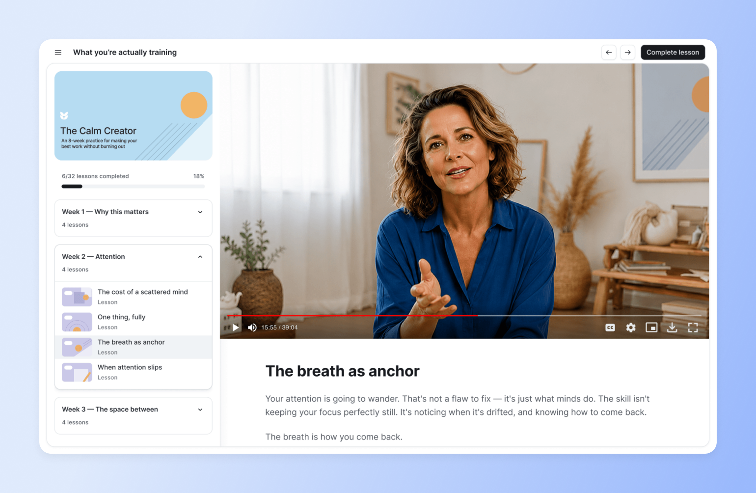 Online learning platform Circle showing "The Calm Creator" course with video lesson on breathing techniques and attention training