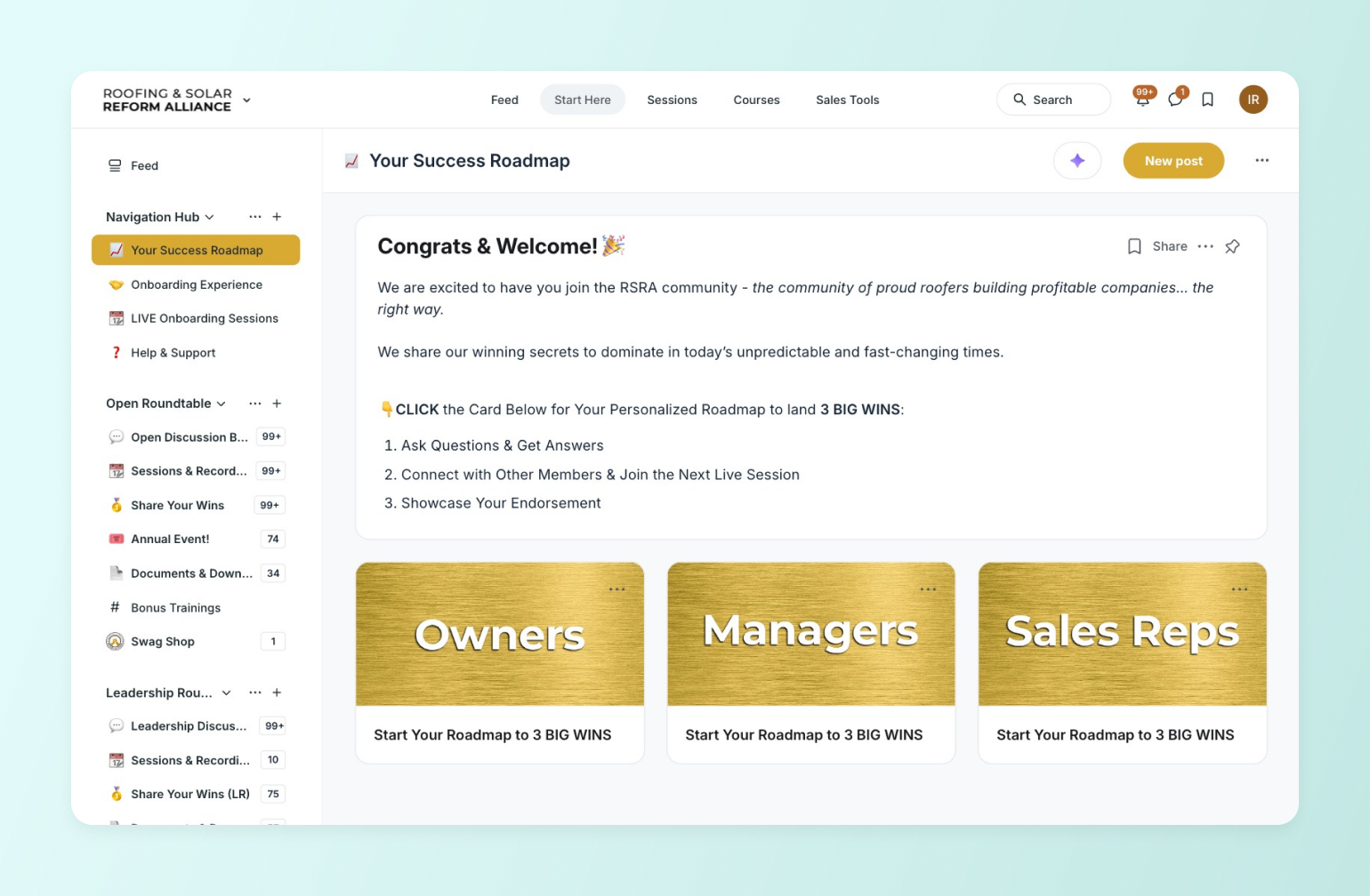 Welcome page for Roofing & Solar Reform Alliance showing three gold cards labeled Owners, Managers, and Sales Reps with roadmap options