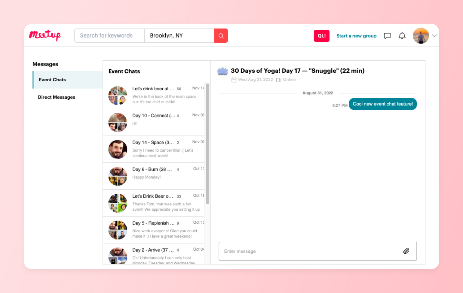Meetup event chat list, one of several Facebook Group alternatives creators compare for hosting recurring online events