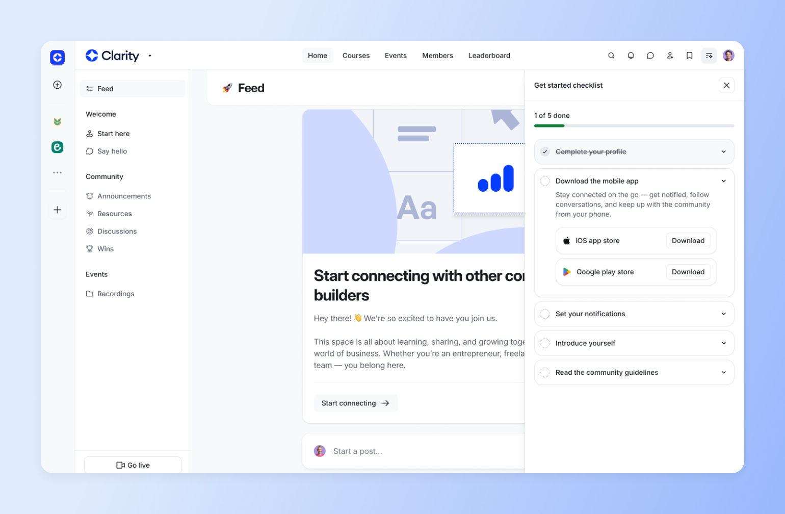 Clarity community feed with a get started checklist guiding new members through onboarding steps after launch