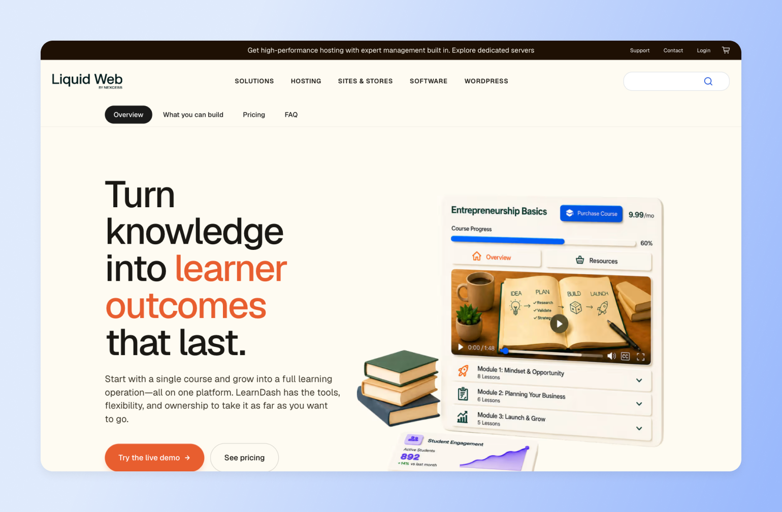 LearnDash learning management system dashboard showing Entrepreneurship Basics course with video player, progress bar at 60%, and stacked books illustration