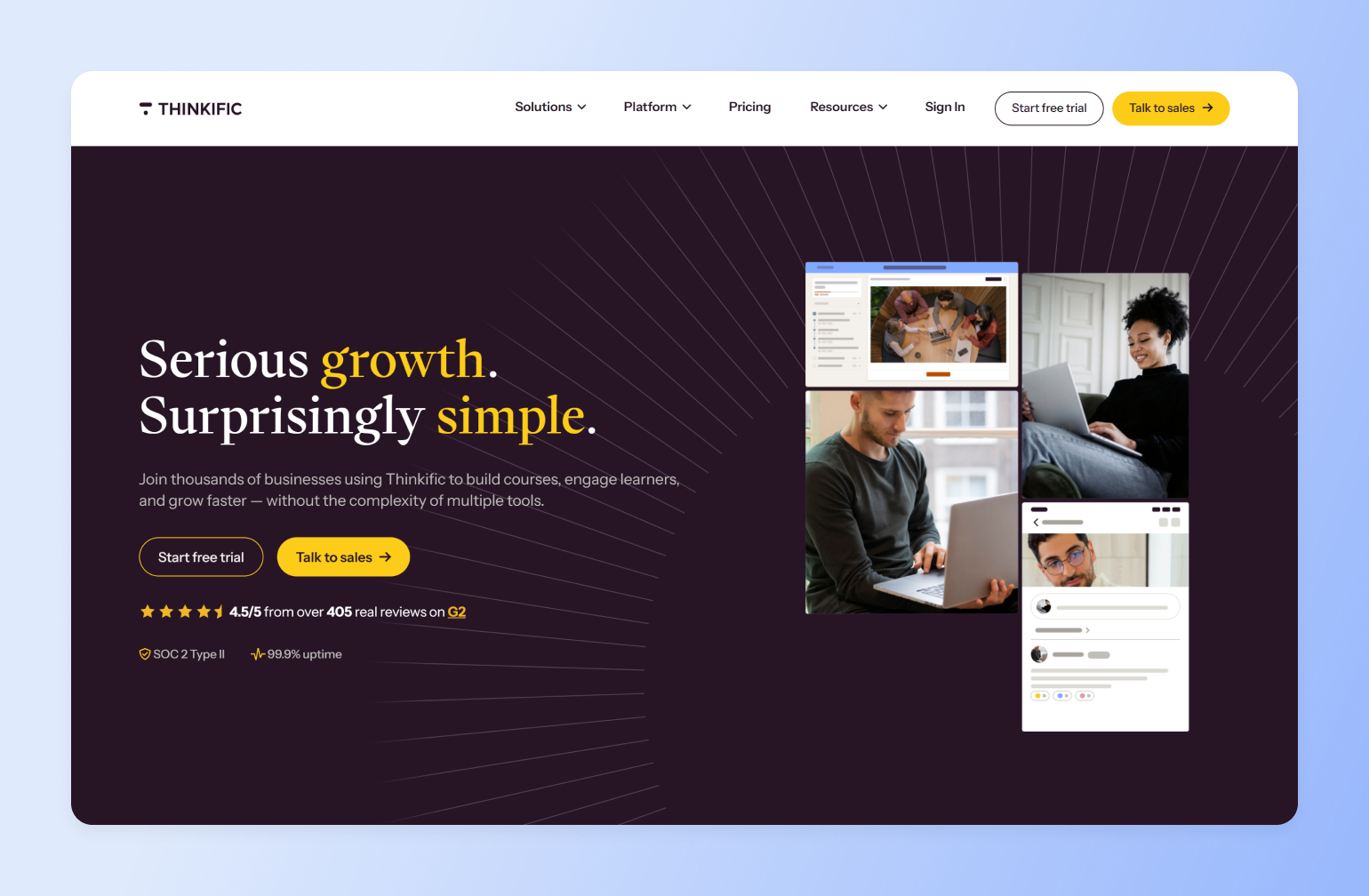 Thinkific homepage with course creators working on laptops, illustrating a modern creator tech stack for launching courses