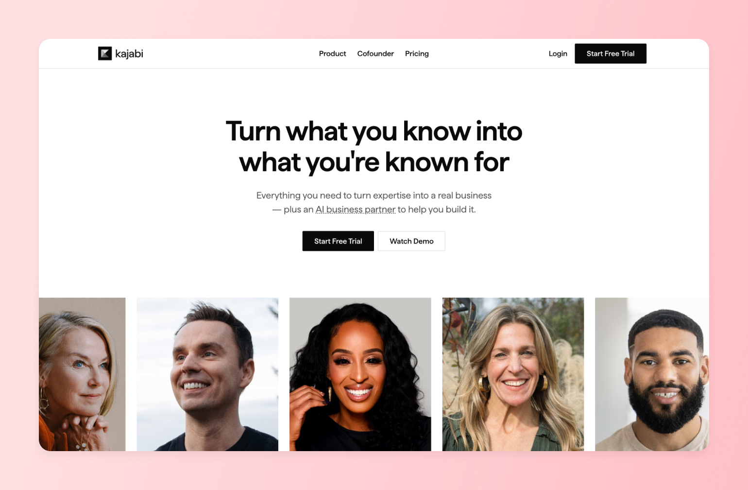 Kajabi landing page featuring main headline and row of five diverse smiling business professionals