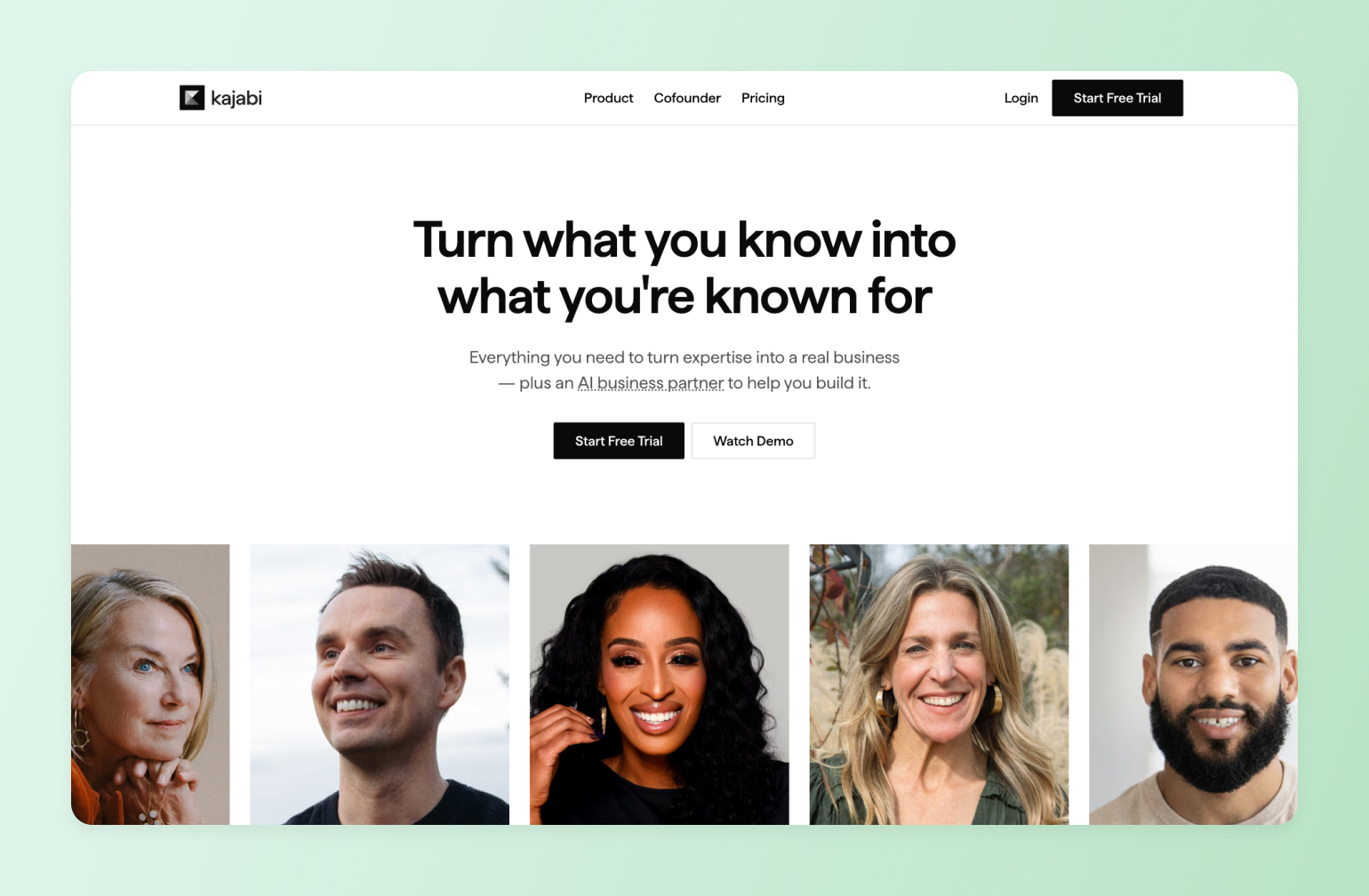 Kajabi homepage featuring hero section with five diverse entrepreneurs smiling beneath call-to-action buttons