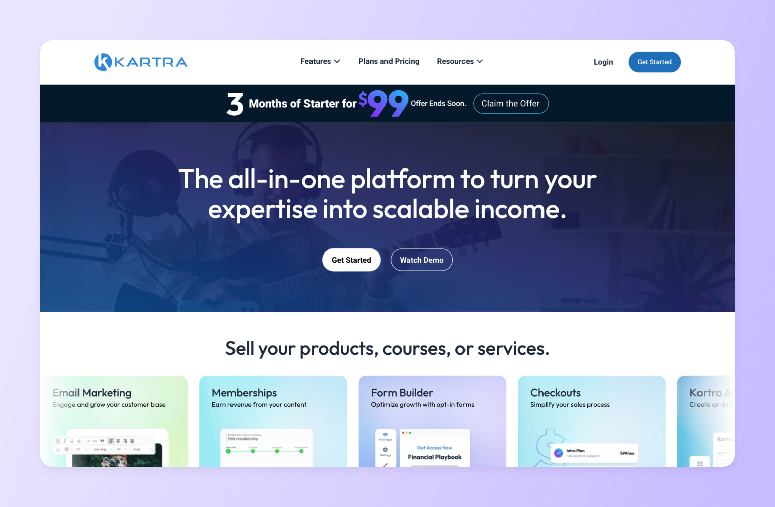 Kartra platform homepage showing $99 promotional offer and all-in-one tools for email marketing, memberships, forms, and checkouts