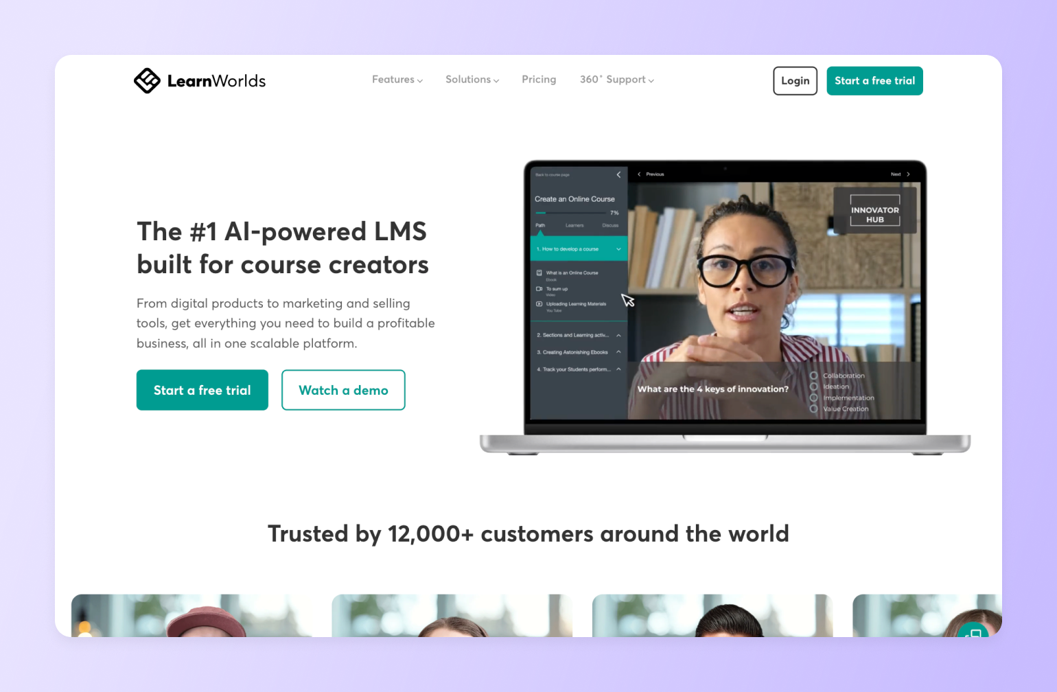 LearnWorlds AI-powered LMS platform interface showing instructor creating online course with navigation menu and video content