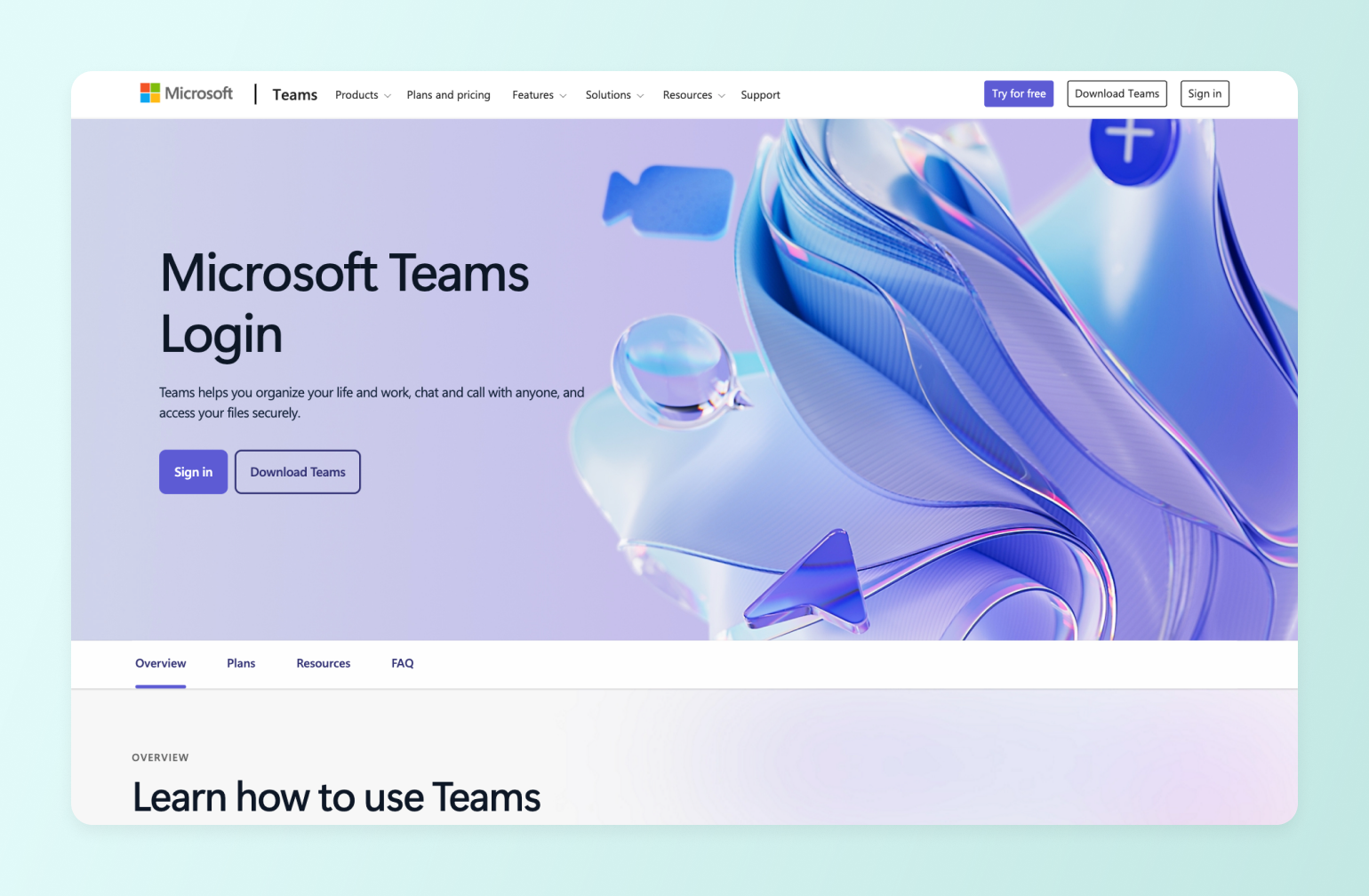 Microsoft Teams login page with purple gradient background featuring abstract 3D glass shapes and flowing ribbon design