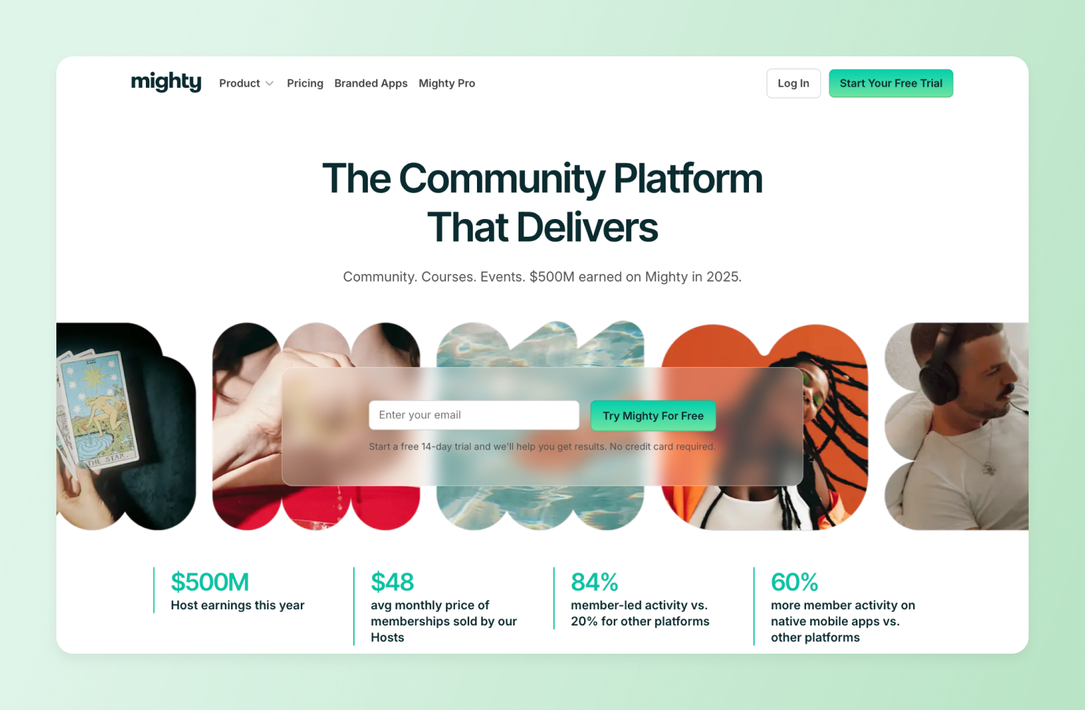 Mighty community platform homepage featuring statistics: $500M host earnings, $48 average membership price, 84% member-led activity, and 60% more mobile engagement with diverse lifestyle imagery