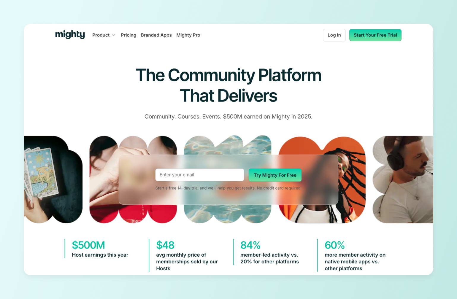 Mighty community platform homepage showing diverse creator activities including tarot cards, wellness content, swimming, and podcasting with email signup form