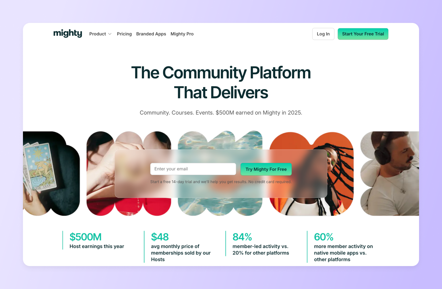 Mighty community platform homepage with circular image collage showing tarot cards, spa treatment, swimming pool, basketball player, and headphone user above statistics panel