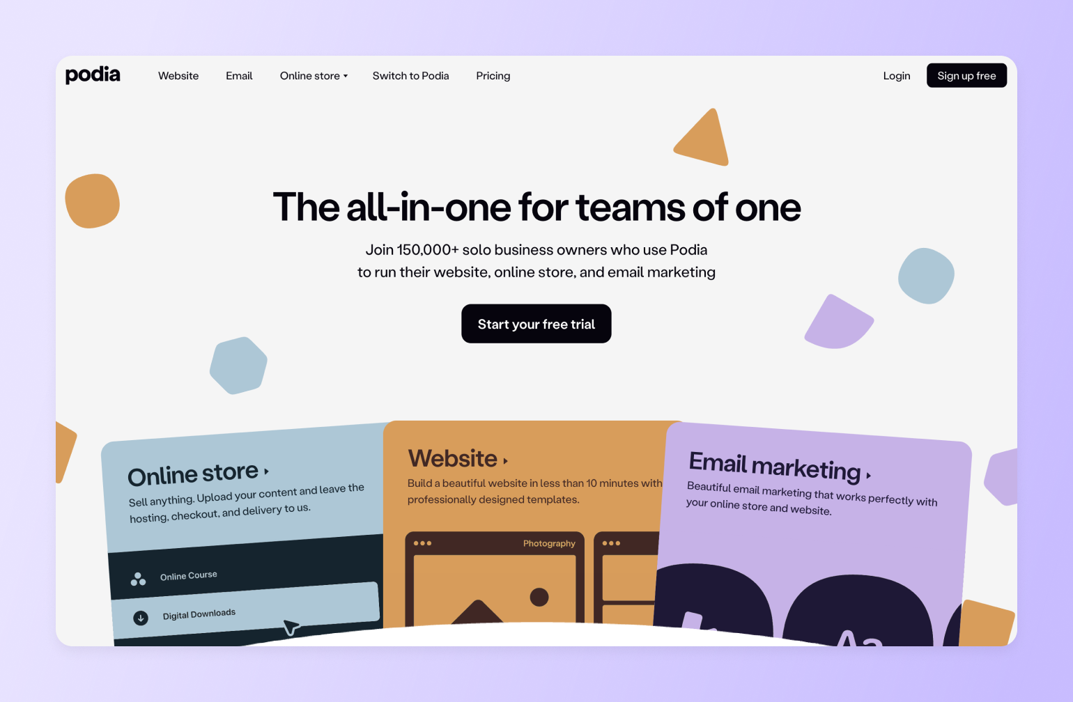Podia homepage showcasing all-in-one platform for solo business owners with online store, website, and email marketing features