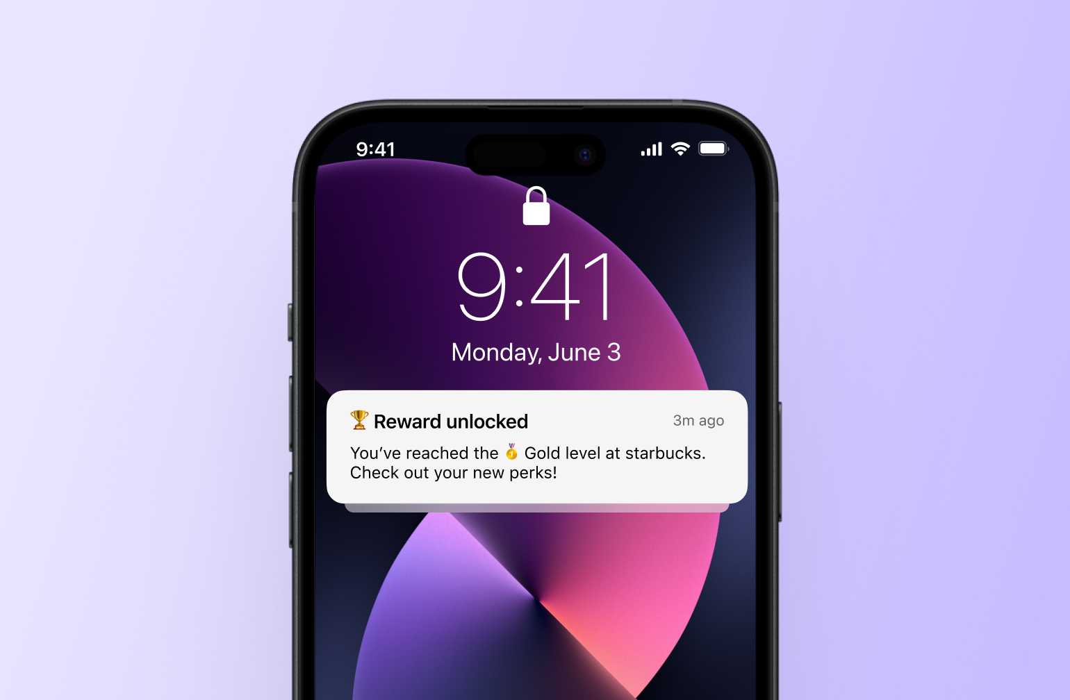 iPhone lock screen showing Starbucks reward notification for reaching Gold level, displaying 9:41 on Monday, June 3