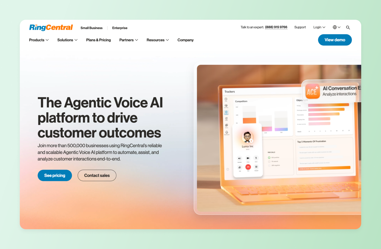 RingCentral AI platform dashboard displaying conversation analytics, tracker metrics with colorful bar charts, and avatar interface on laptop screen