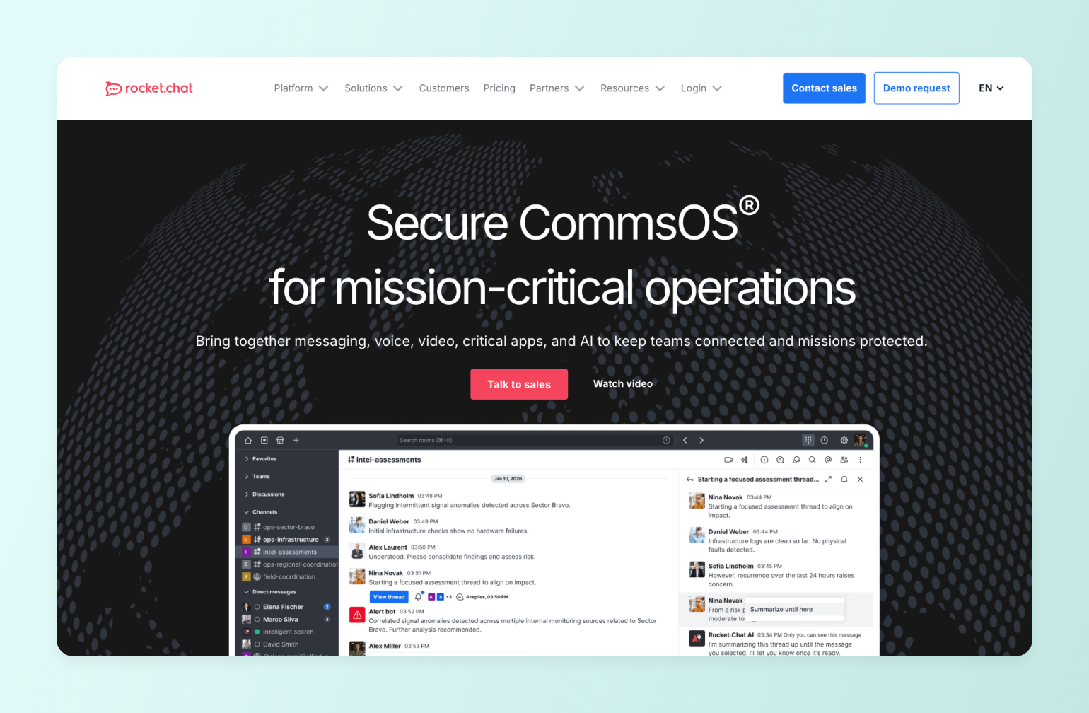Rocket.chat secure communications platform showing threaded messaging interface with security alerts and team collaboration features