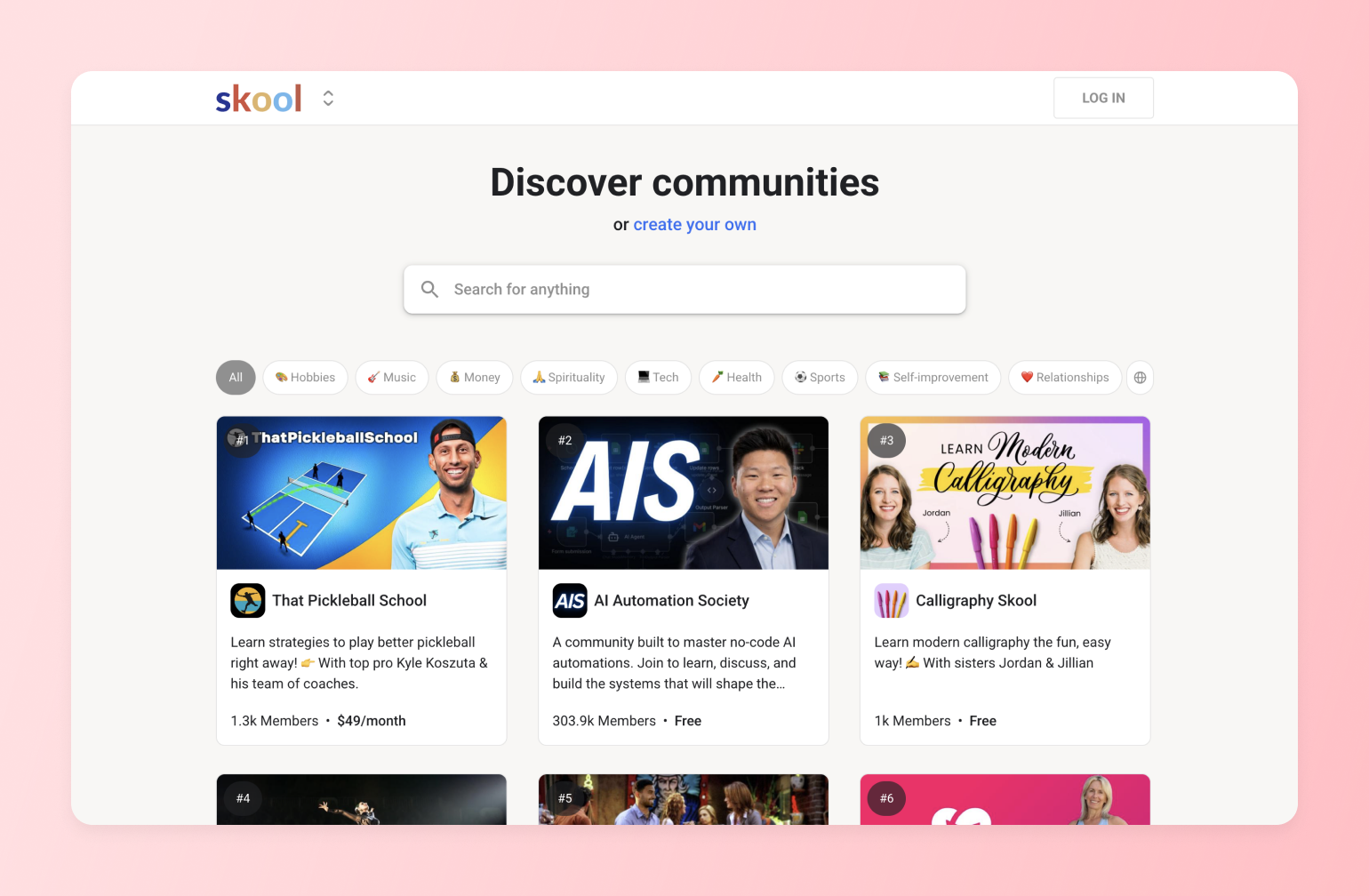 Skool platform homepage showing community discovery grid with featured groups including That Pickleball School, AI Automation Society, and Calligraphy Skool with category filters and search bar