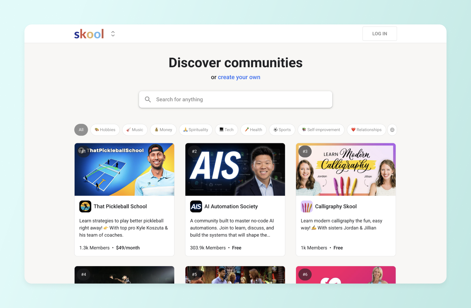 Skool platform showing community discovery page with featured groups for pickleball, AI automation, and calligraphy learning