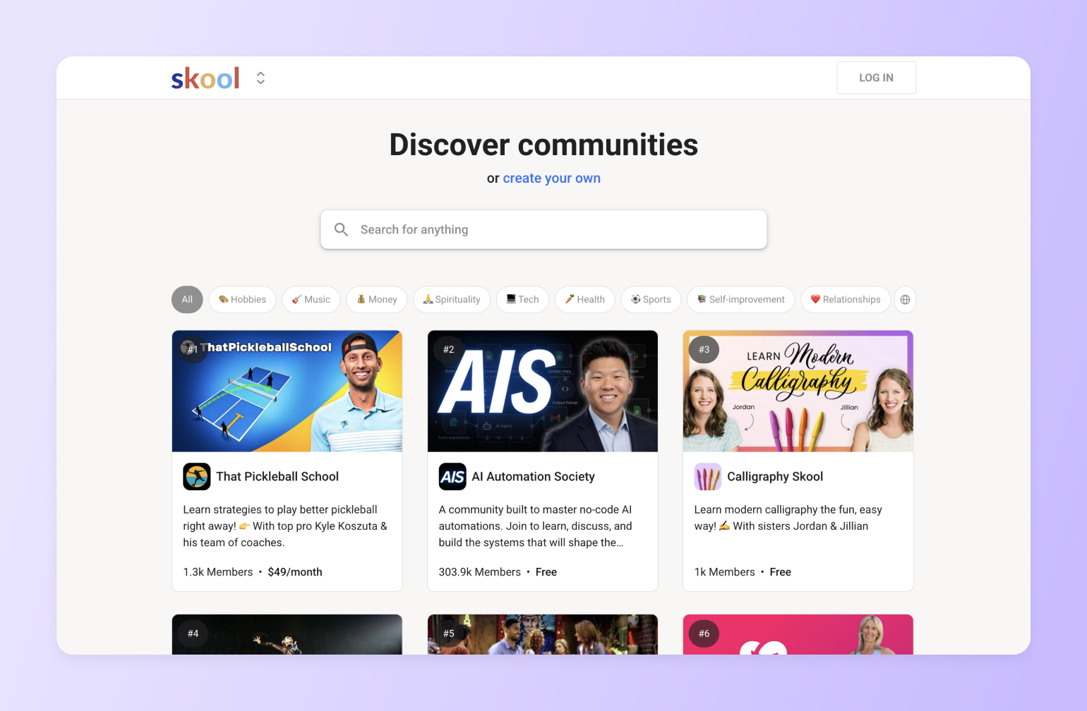 Skool platform homepage showing community discovery page with featured groups including That Pickleball School, AI Automation Society, and Calligraphy Skool