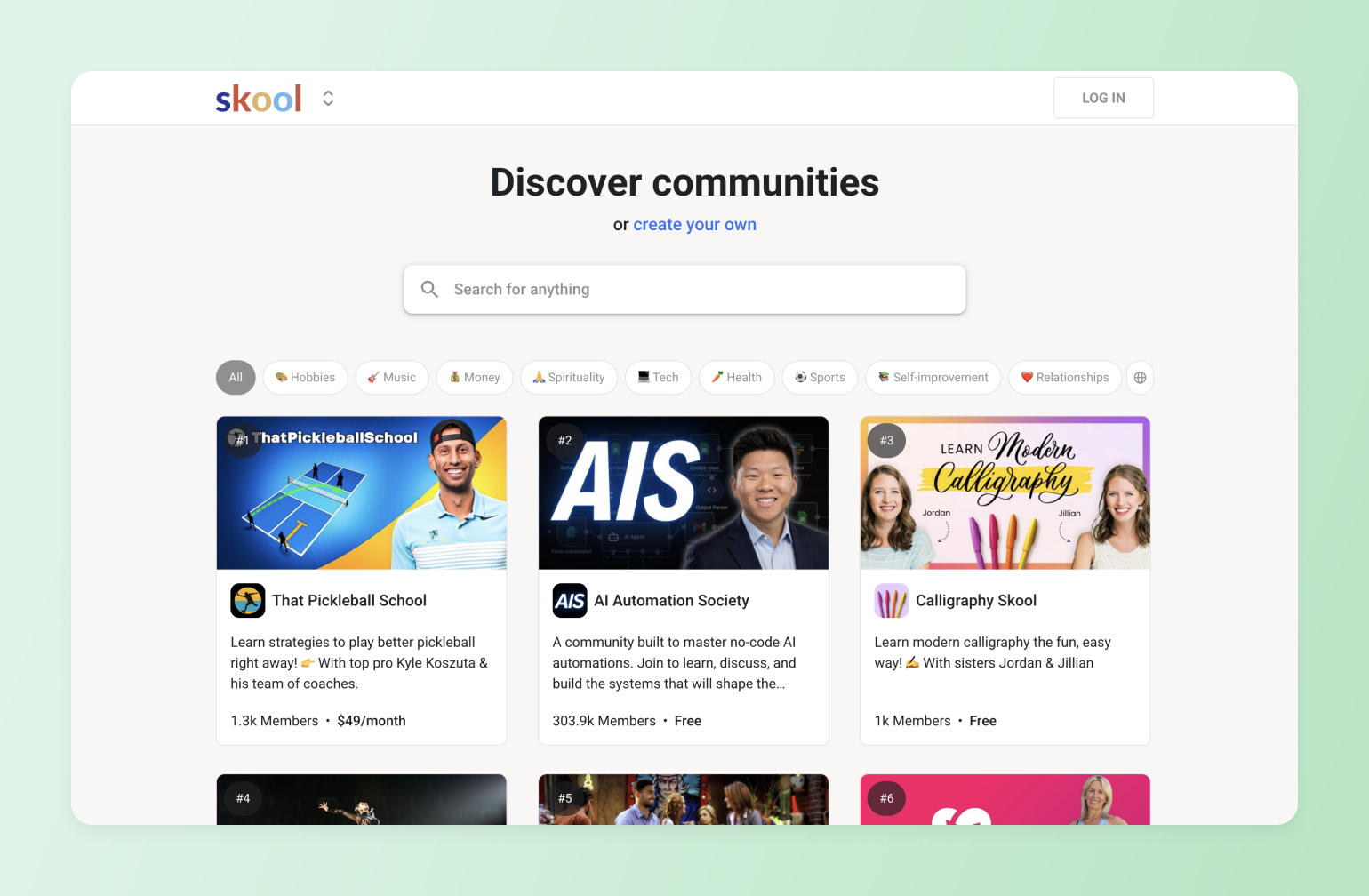 Skool community discovery page showing featured communities including That Pickleball School, AI Automation Society, and Calligraphy Skool